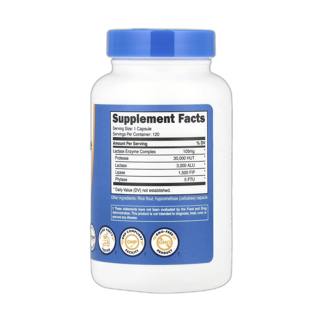 Nutricost, Lactase Enzyme Complex, 3,000 ALU, 120 Capsules back packaging view