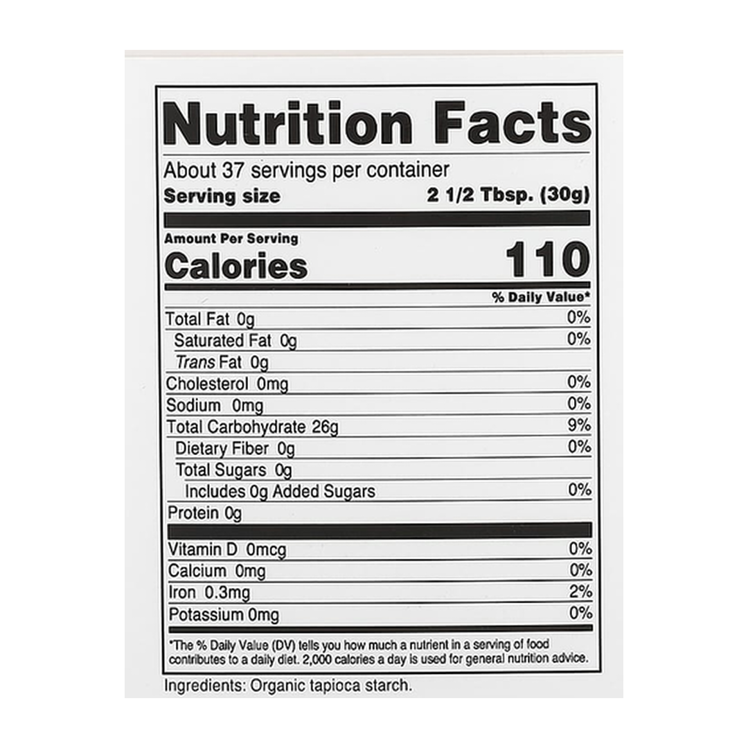 Nutricost, Pantry, Organic Tapioca Starch, 39.3 oz, 1,100 g supplement facts label showing ingredients, vitamins, minerals, and serving information