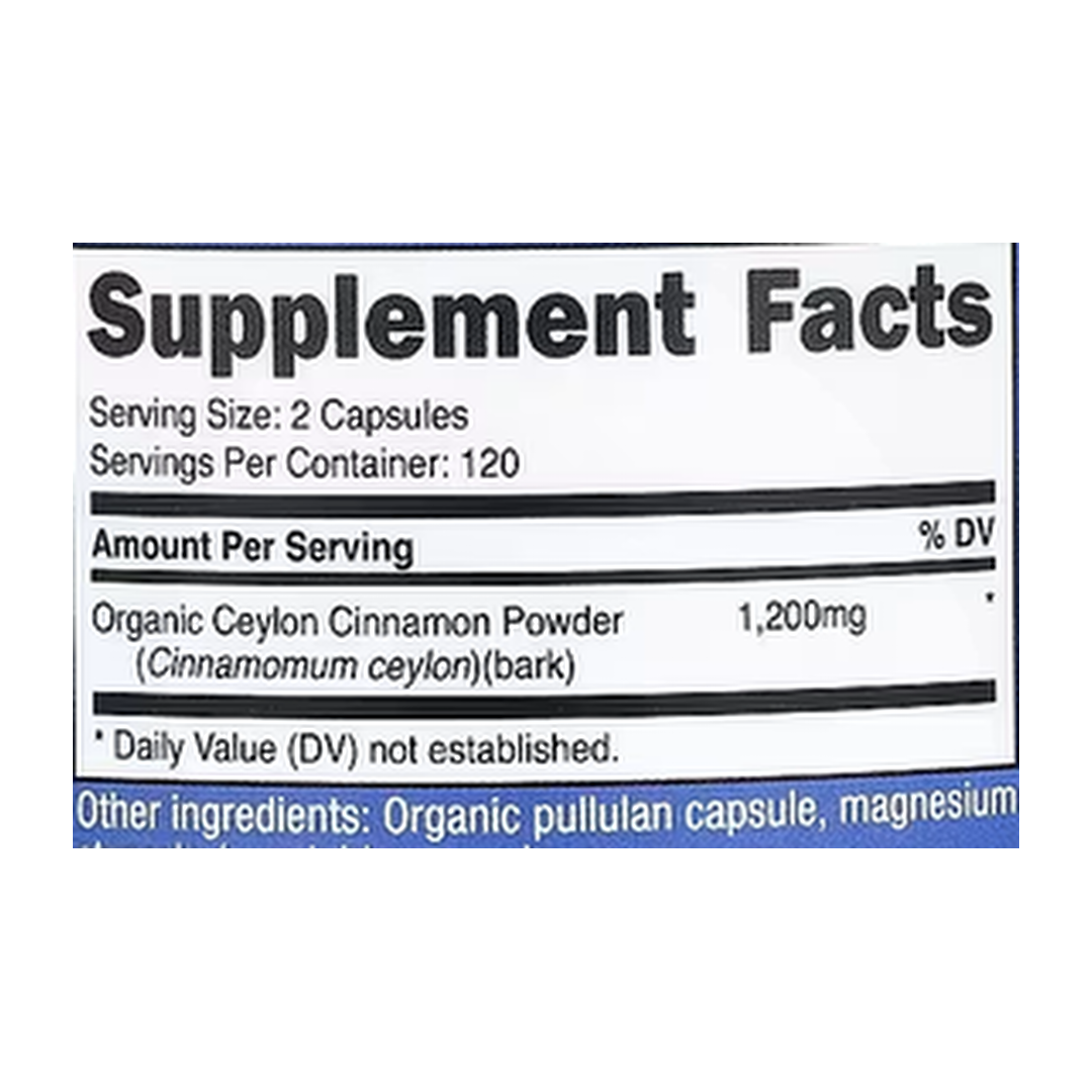 Nutricost, Cinnamon, 240 Capsules supplement facts label showing ingredients, vitamins, minerals, and serving information