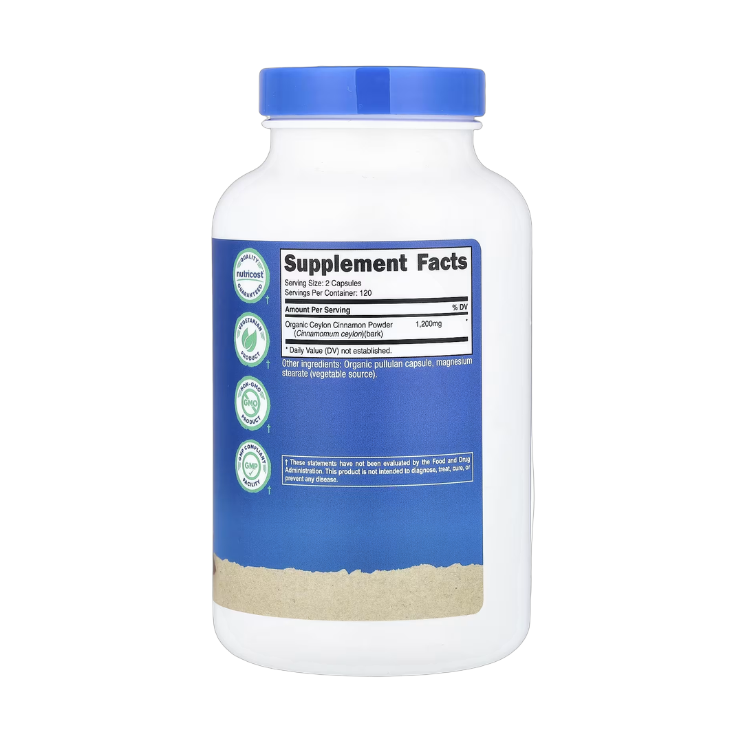 Nutricost, Cinnamon, 240 Capsules back packaging view