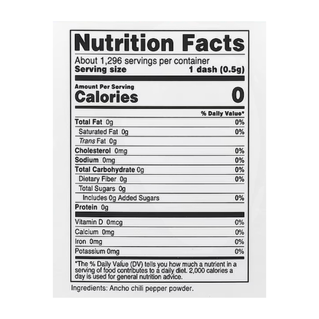 Nutricost, Pantry, Ancho Chili Pepper, 24.3 oz (680 g) supplement facts label showing ingredients, vitamins, minerals, and serving information
