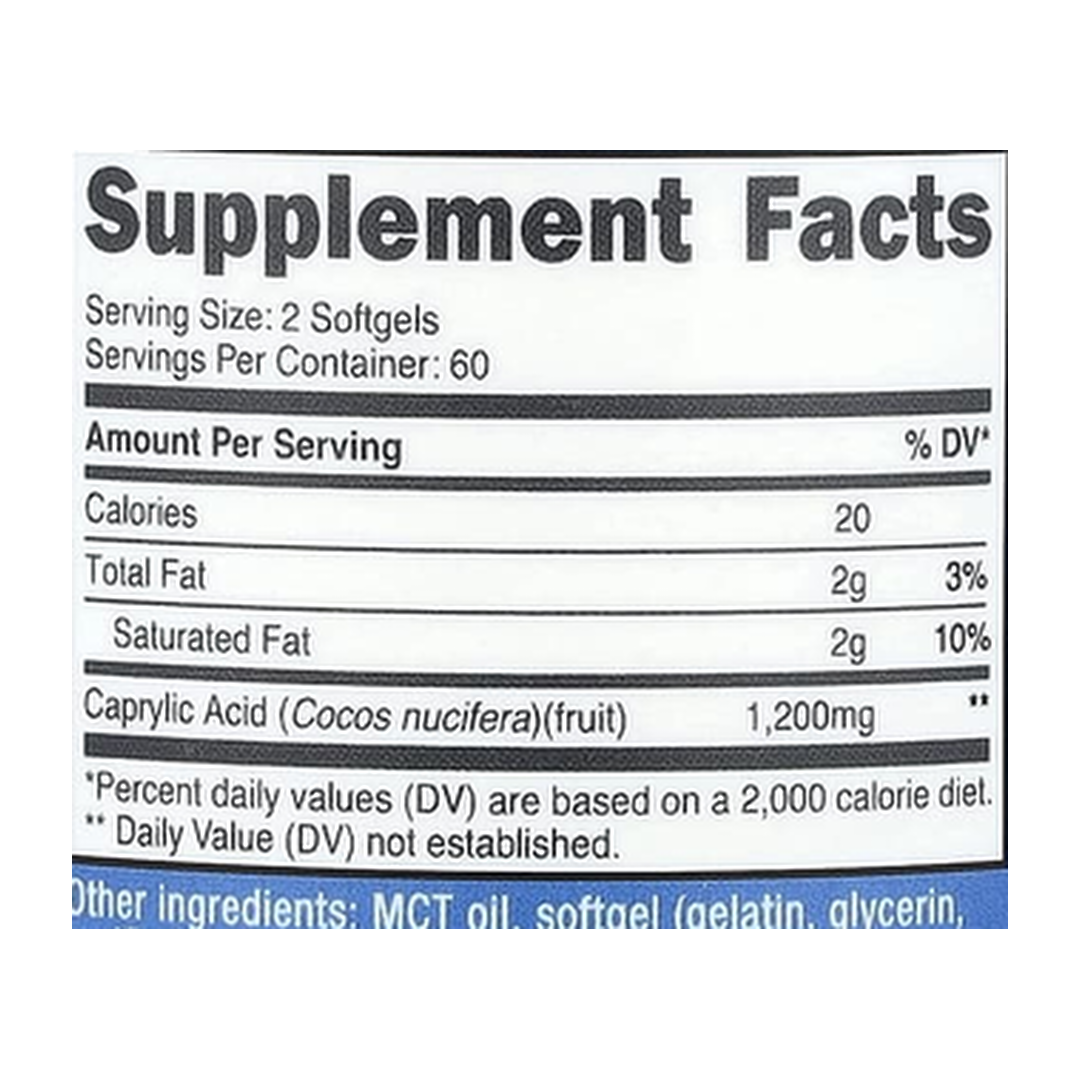 Nutricost, Caprylic Acid, 120 Softgels supplement facts label showing ingredients, vitamins, minerals, and serving information