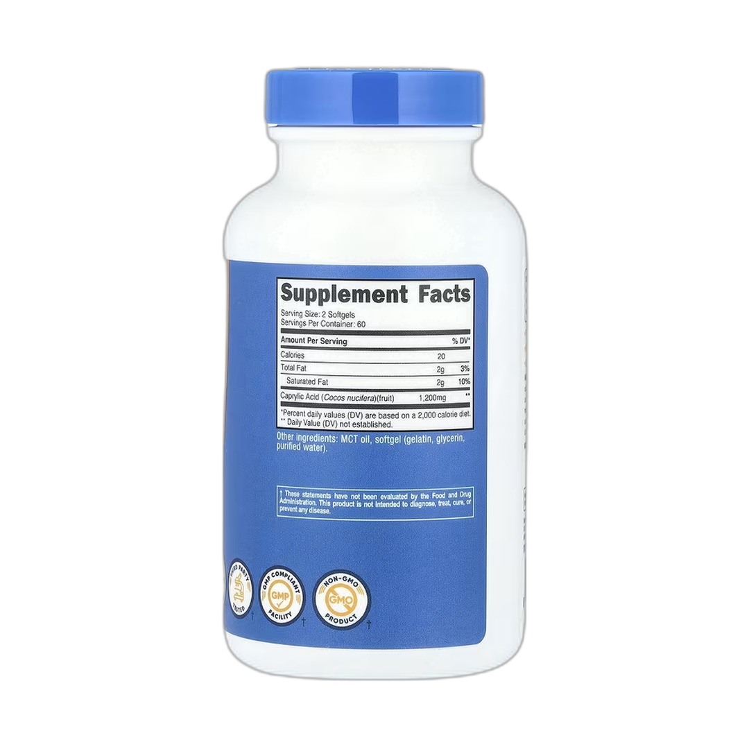 Nutricost, Caprylic Acid, 120 Softgels back packaging view