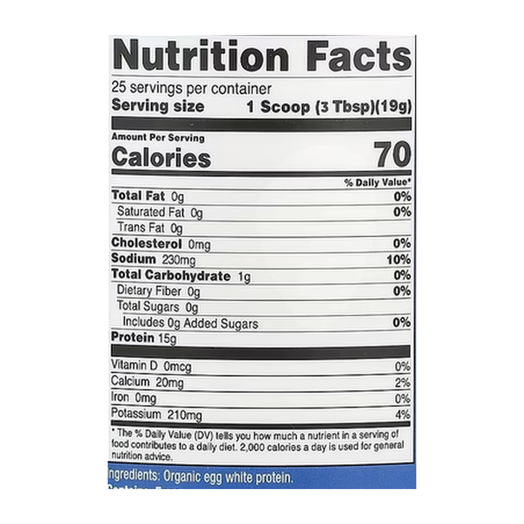 Nutricost, Organic Egg White Protein, Unflavored, 1 lb, 454 g supplement facts label showing ingredients, vitamins, minerals, and serving information