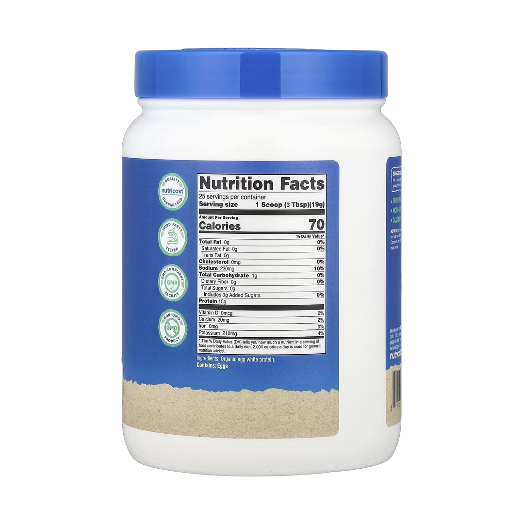 Nutricost, Organic Egg White Protein, Unflavored, 1 lb, 454 g back packaging view