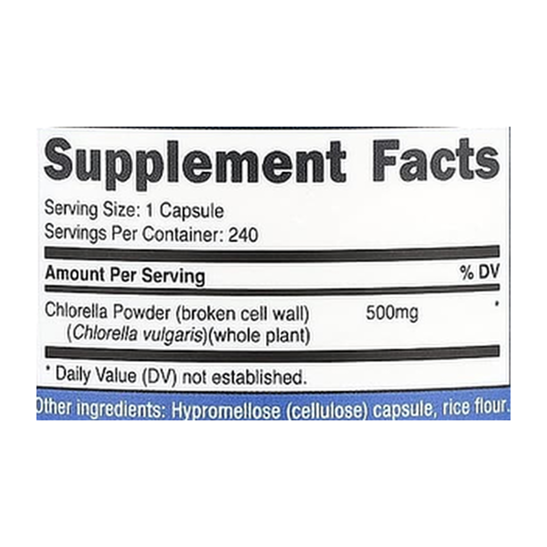 Nutricost, Chlorella, 500 mg, 240 Capsules supplement facts label showing ingredients, vitamins, minerals, and serving information