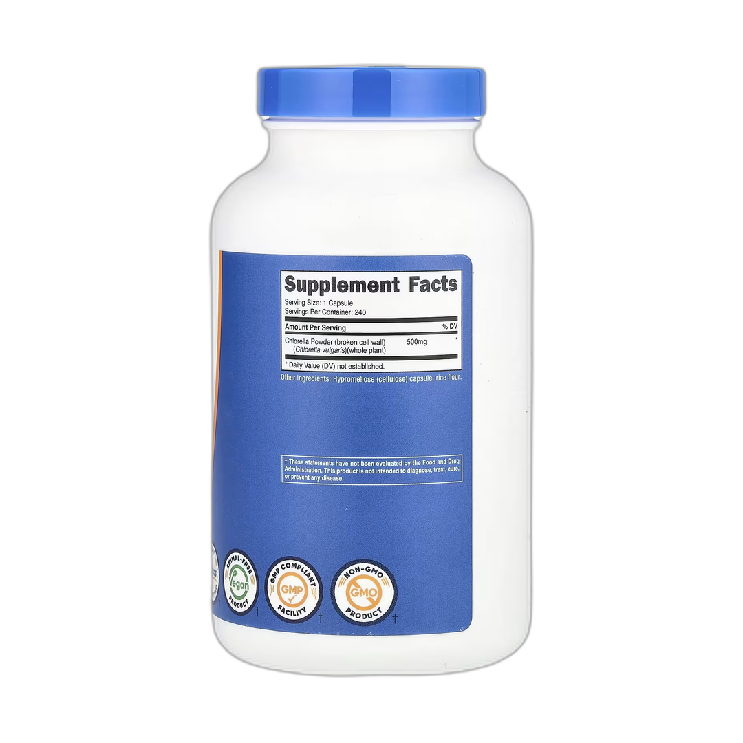 Nutricost, Chlorella, 500 mg, 240 Capsules back packaging view