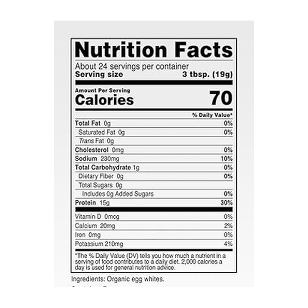 Nutricost, Pantry, Organic Egg White Protein, 1 lb, 454 g supplement facts label showing ingredients, vitamins, minerals, and serving information