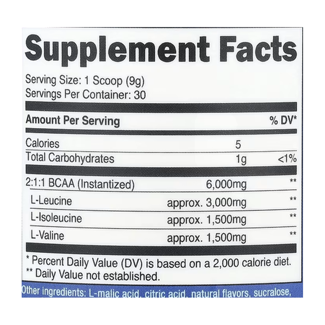 Nutricost, Performance, BCAA, Pomegranate Guava , 9.8 oz, 273 g supplement facts label showing ingredients, vitamins, minerals, and serving information