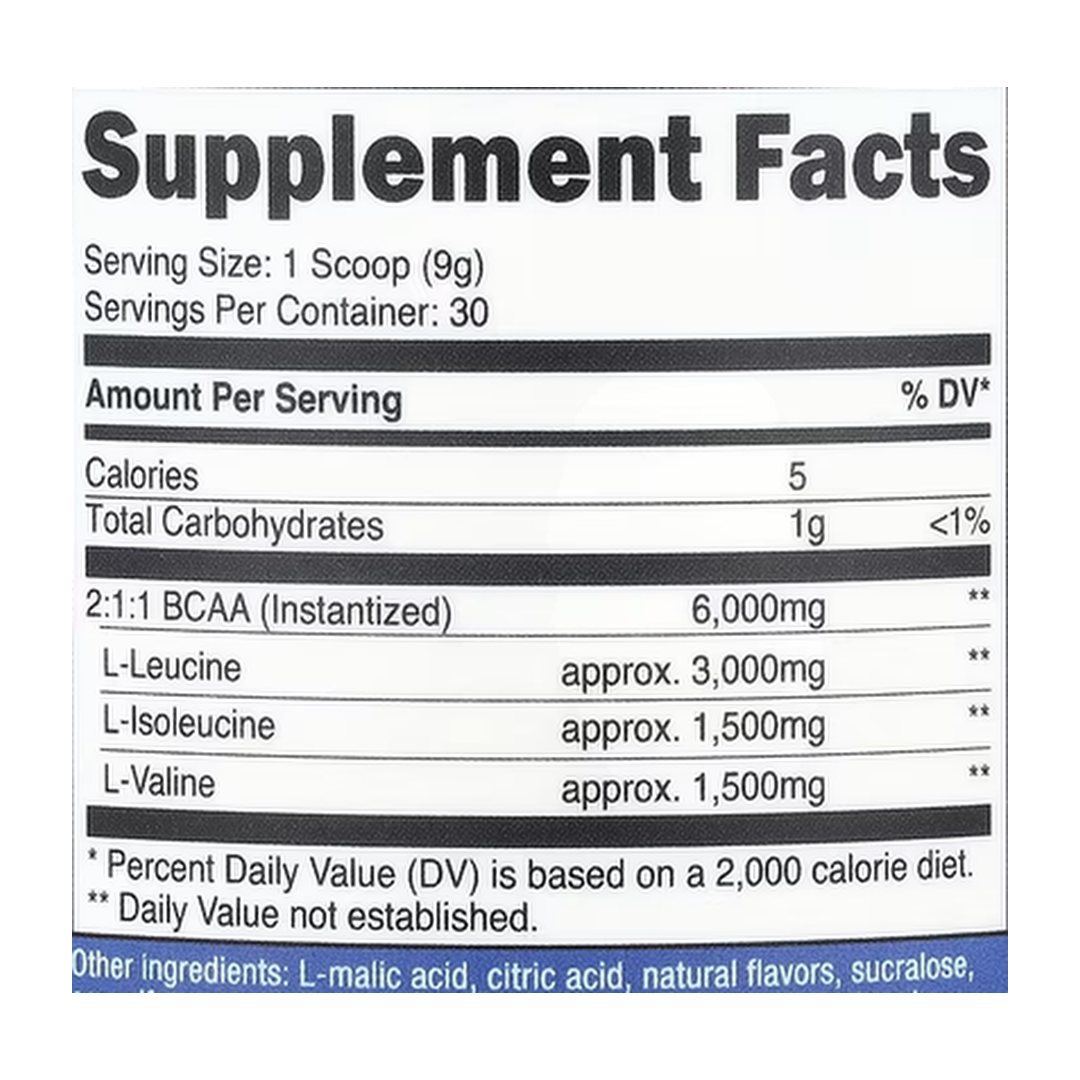 Nutricost, Performance, BCAA, Peach Pear, 9.6 oz, 270 g supplement facts label showing ingredients, vitamins, minerals, and serving information