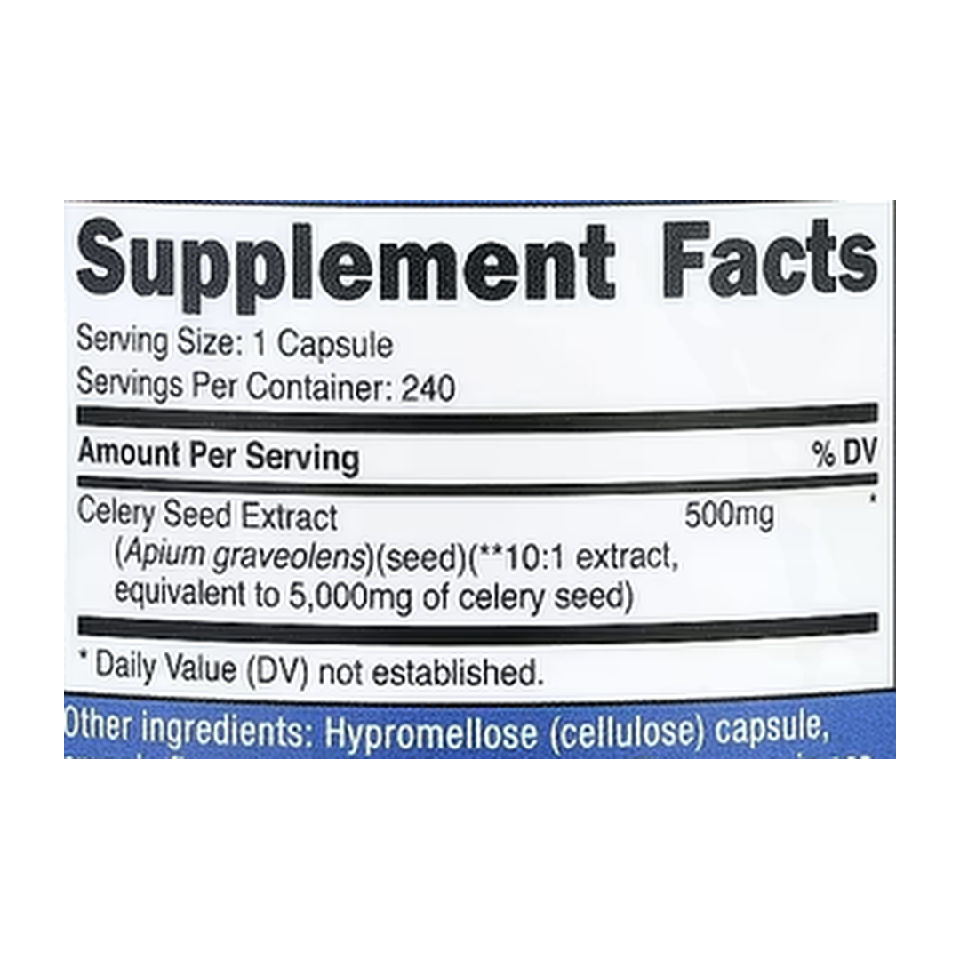 Nutricost, Celery Seed, 500 mg, 240 Capsules supplement facts label showing ingredients, vitamins, minerals, and serving information