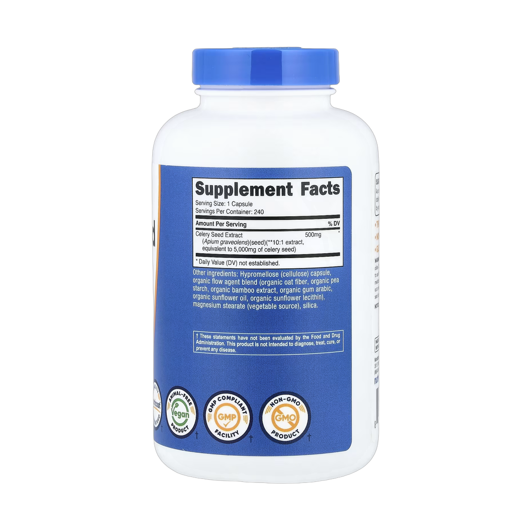 Nutricost, Celery Seed, 500 mg, 240 Capsules back packaging view