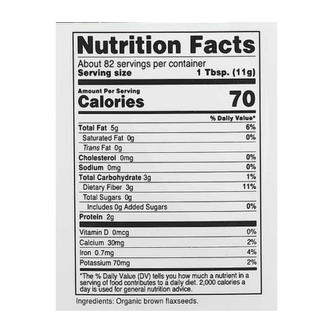 Nutricost, Pantry, Organic Flaxseeds, 32.4 oz, 907 g supplement facts label showing ingredients, vitamins, minerals, and serving information