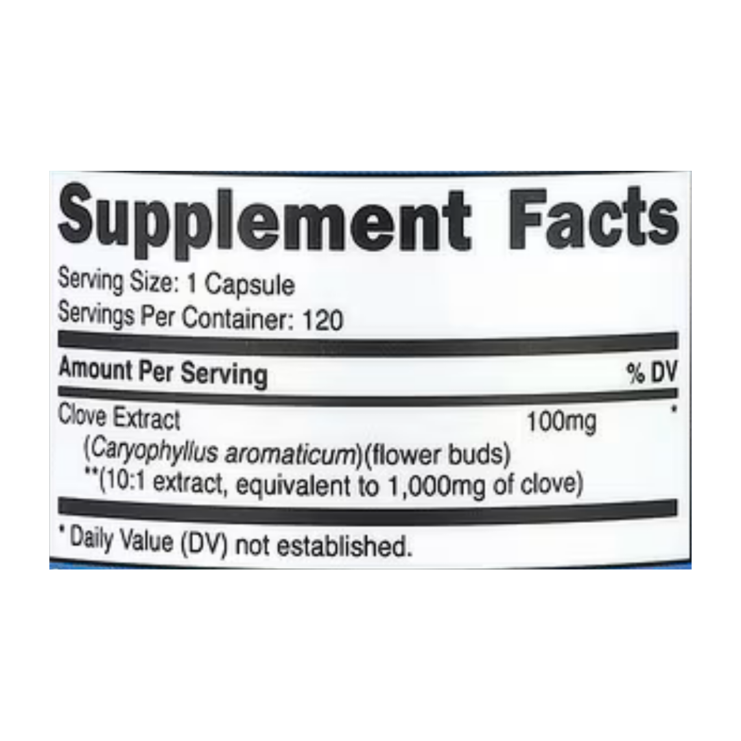 Nutricost, Clove, 1,000 mg, 120 Capsules supplement facts label showing ingredients, vitamins, minerals, and serving information