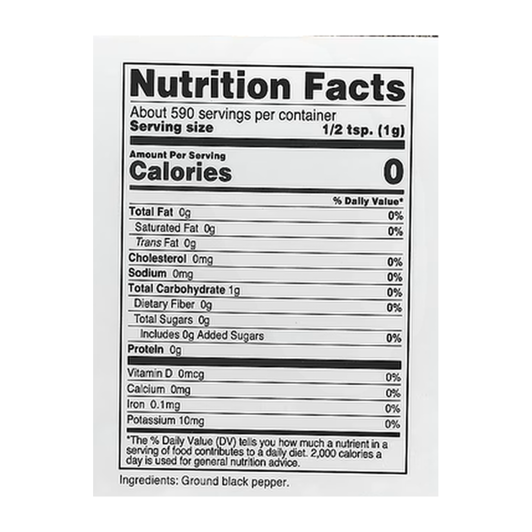 Nutricost, Pantry, Coarse Ground Black Pepper, 21.1 oz, 590 g supplement facts label showing ingredients, vitamins, minerals, and serving information