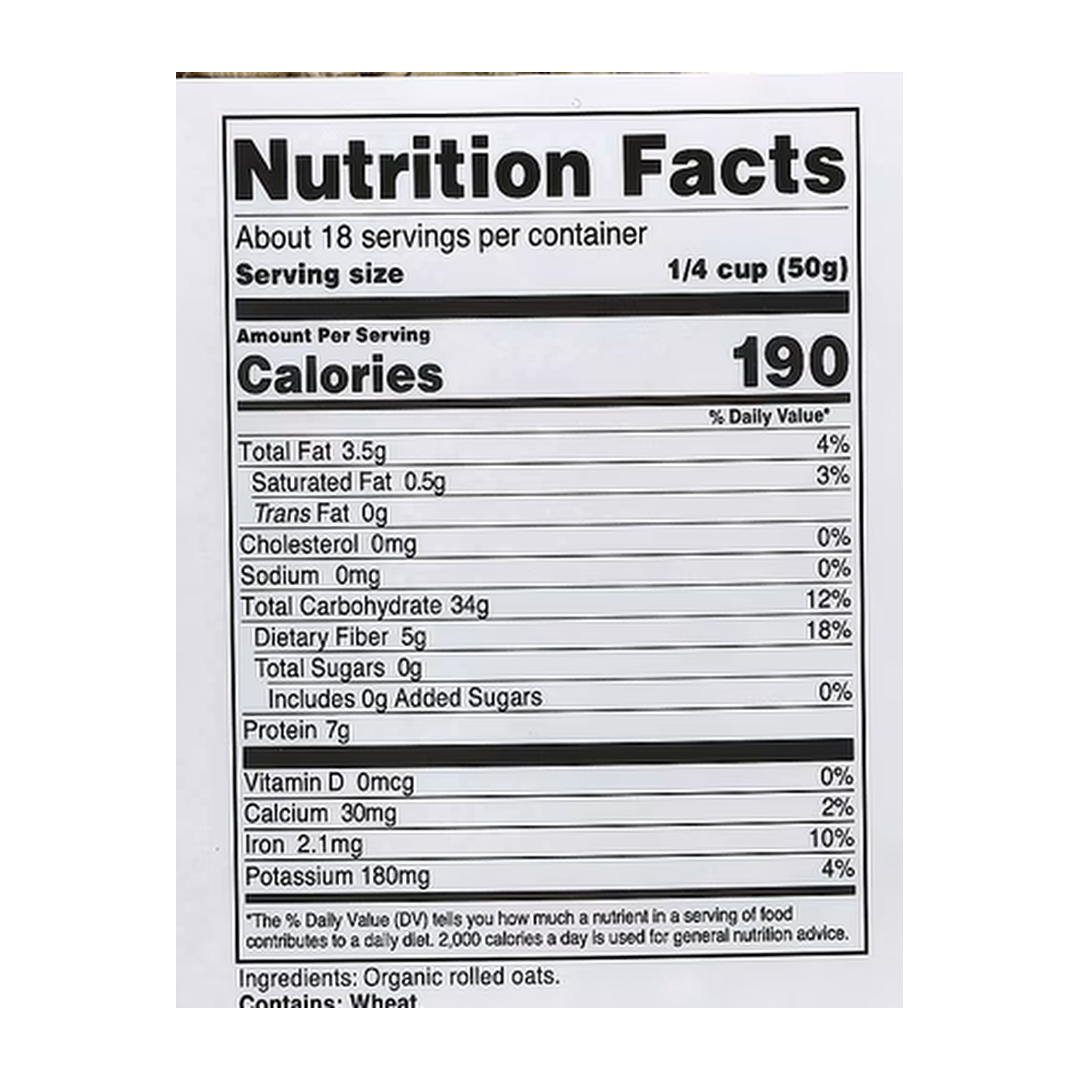 Nutricost, Pantry, Organic Rolled Oats, 32.4 oz, 907 g supplement facts label showing ingredients, vitamins, minerals, and serving information