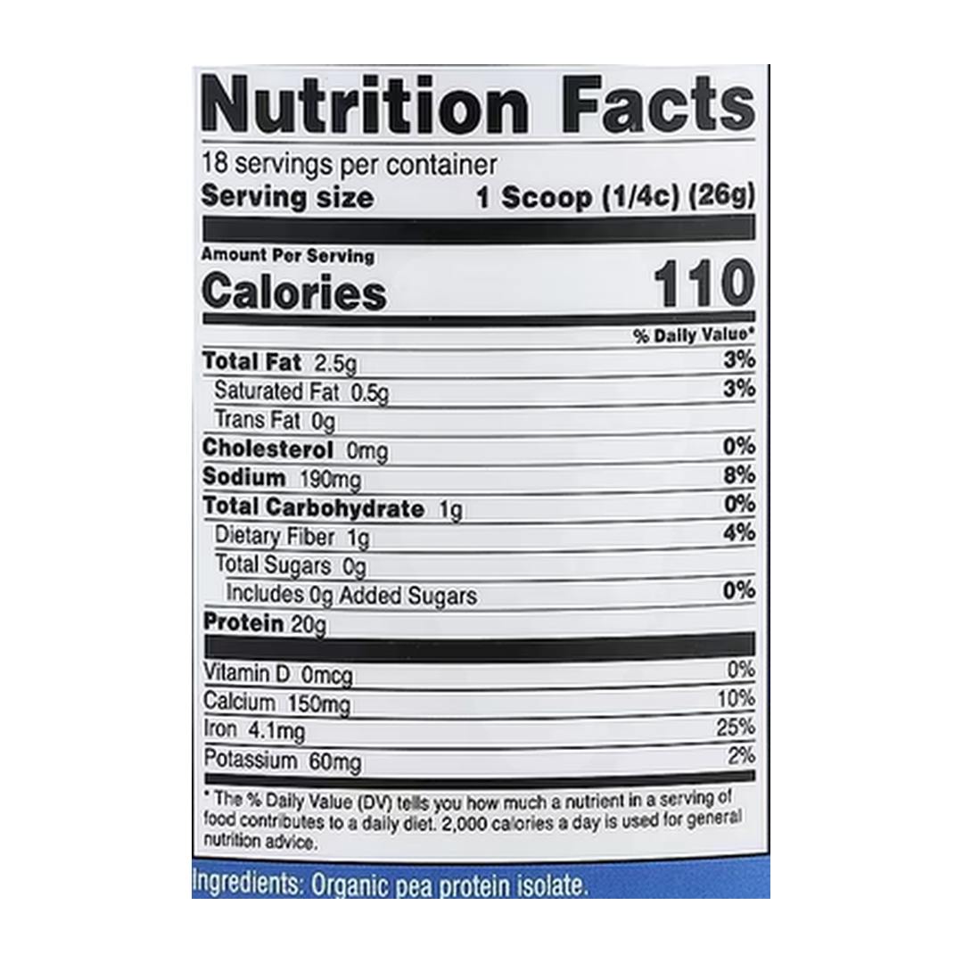 Nutricost, Organic Pea Protein, Unflavored, 1 lb, 454 g supplement facts label showing ingredients, vitamins, minerals, and serving information