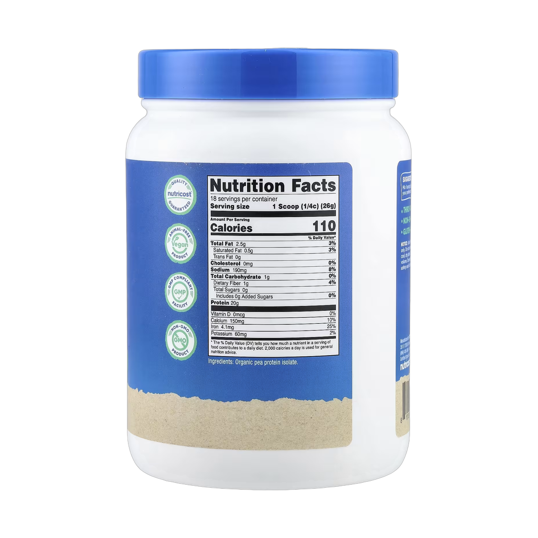 Nutricost, Organic Pea Protein, Unflavored, 1 lb, 454 g back packaging view
