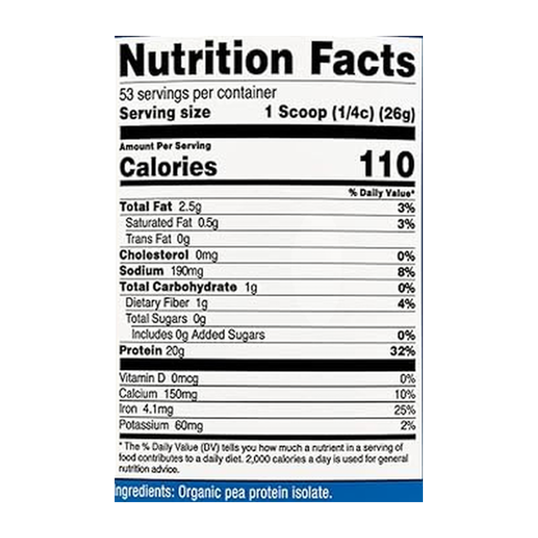Nutricost, Organic, Pea Protein, Unflavored, 3 lb, 1,361 g supplement facts label showing ingredients, vitamins, minerals, and serving information