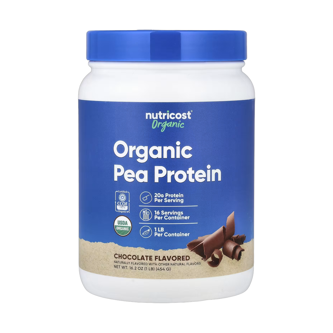 Nutricost, Organic Pea Protein, Chocolate, 1 lb, 454 g front packaging view