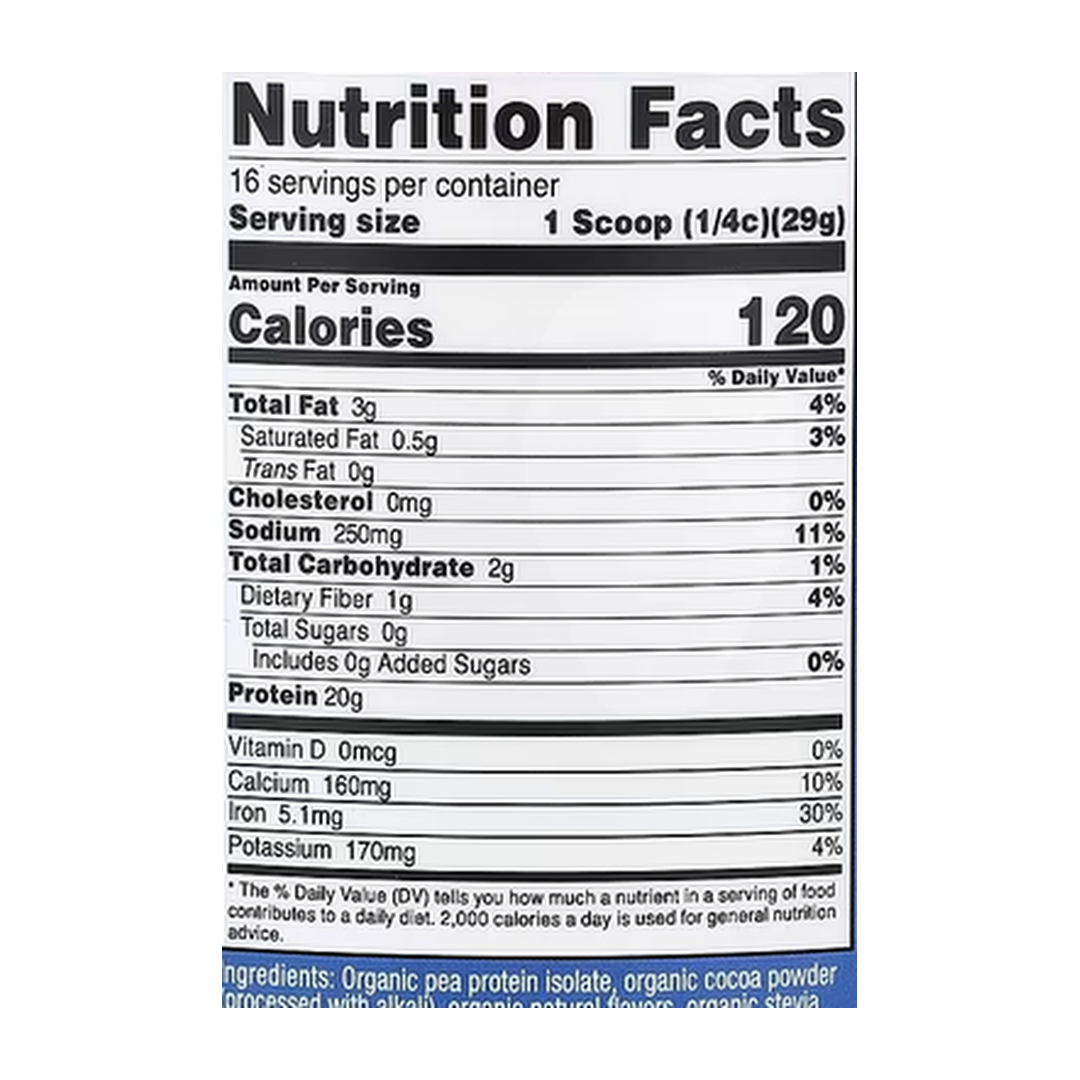 Nutricost, Organic Pea Protein, Chocolate, 1 lb, 454 g supplement facts label showing ingredients, vitamins, minerals, and serving information