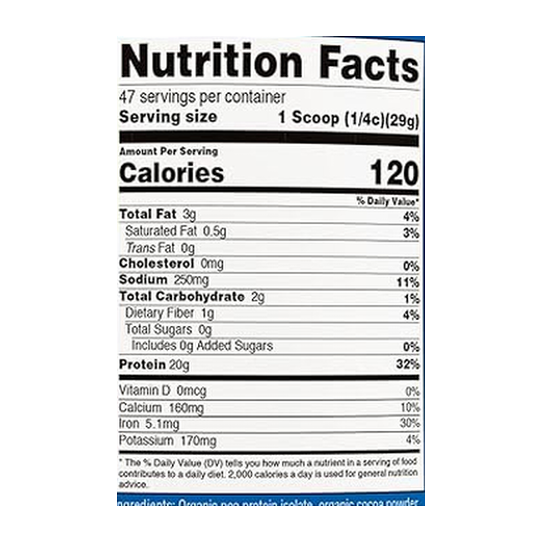 Nutricost, Organic, Pea Protein, Chocolate, 3 lb, 1,361 g supplement facts label showing ingredients, vitamins, minerals, and serving information