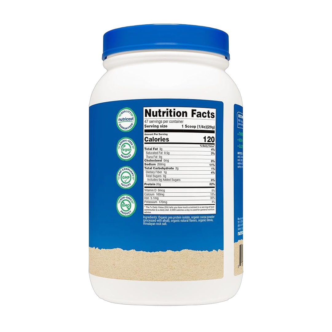 Nutricost, Organic, Pea Protein, Chocolate, 3 lb, 1,361 g back packaging view