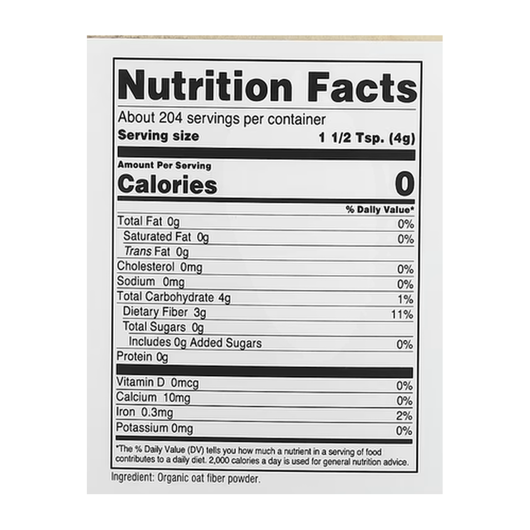 Nutricost, Pantry, Organic Oat Fiber, 29.1 oz, 816 g supplement facts label showing ingredients, vitamins, minerals, and serving information