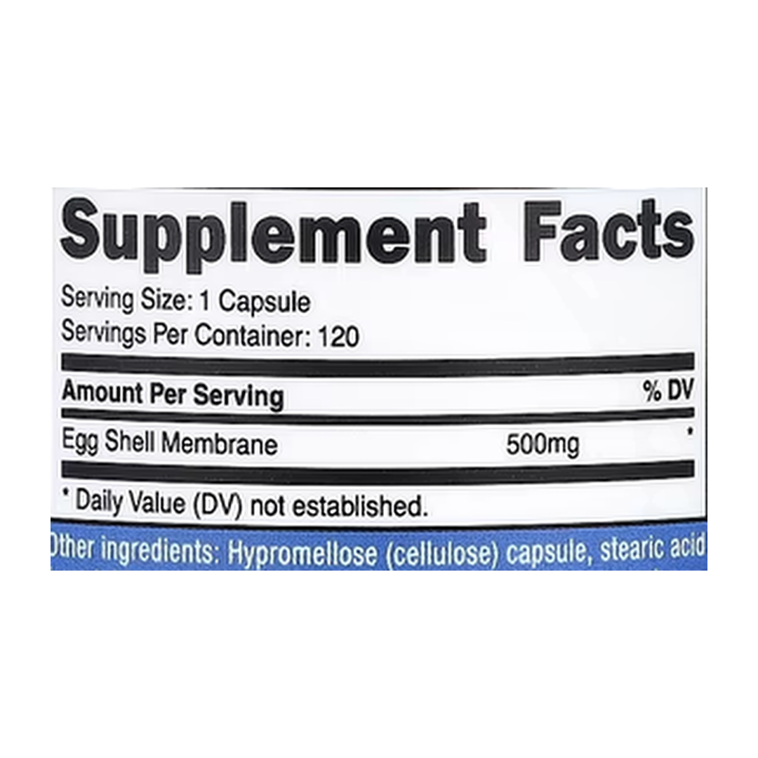 Nutricost, Egg Shell Membrane, 500 mg, 120 Capsules supplement facts label showing ingredients, vitamins, minerals, and serving information