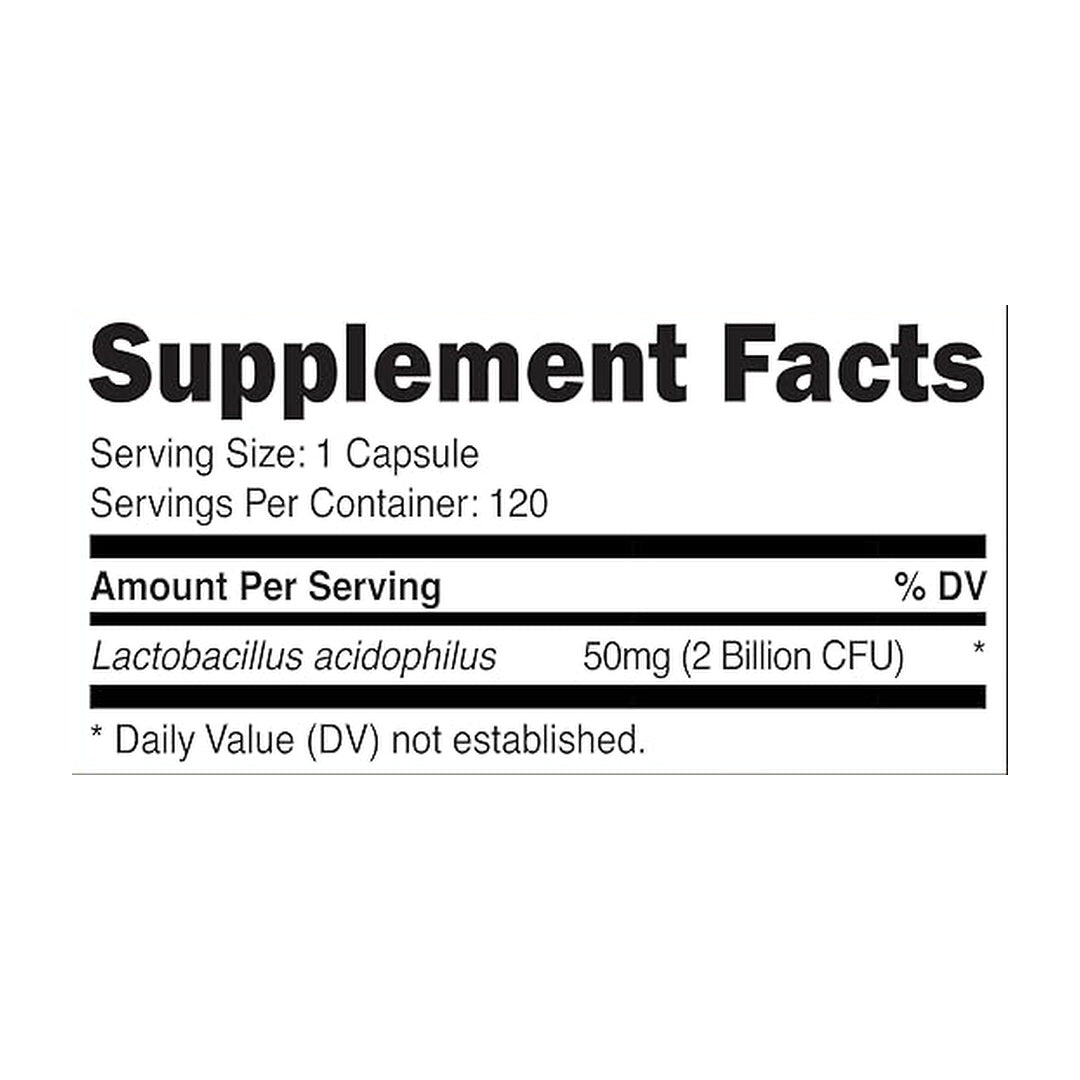 Nutricost, Lactobacillus Acidophilus, 50 mg (2 Billion CFU), 120 Capsules supplement facts label showing ingredients, vitamins, minerals, and serving information
