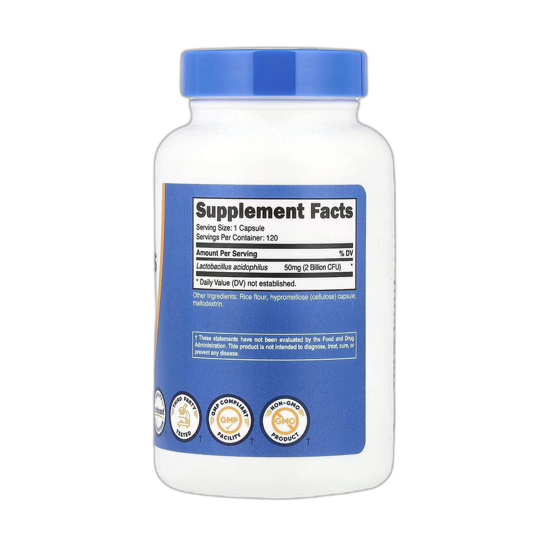 Nutricost, Lactobacillus Acidophilus, 50 mg (2 Billion CFU), 120 Capsules back packaging view