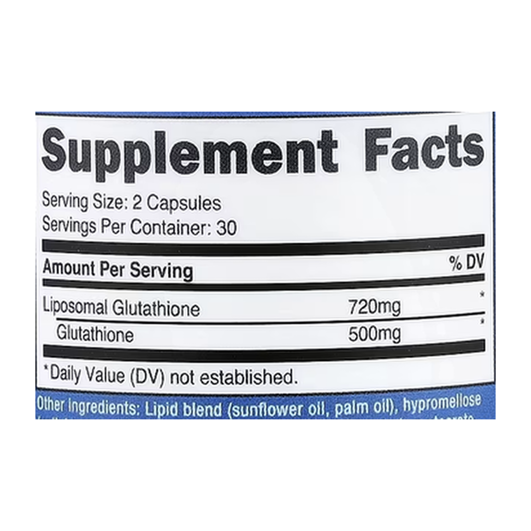 Nutricost, Liposomal Glutathione, 60 Capsules supplement facts label showing ingredients, vitamins, minerals, and serving information