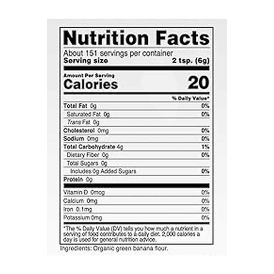 Nutricost, Pantry, Organic Green Banana Flour, 2 lb, 907 g supplement facts label showing ingredients, vitamins, minerals, and serving information