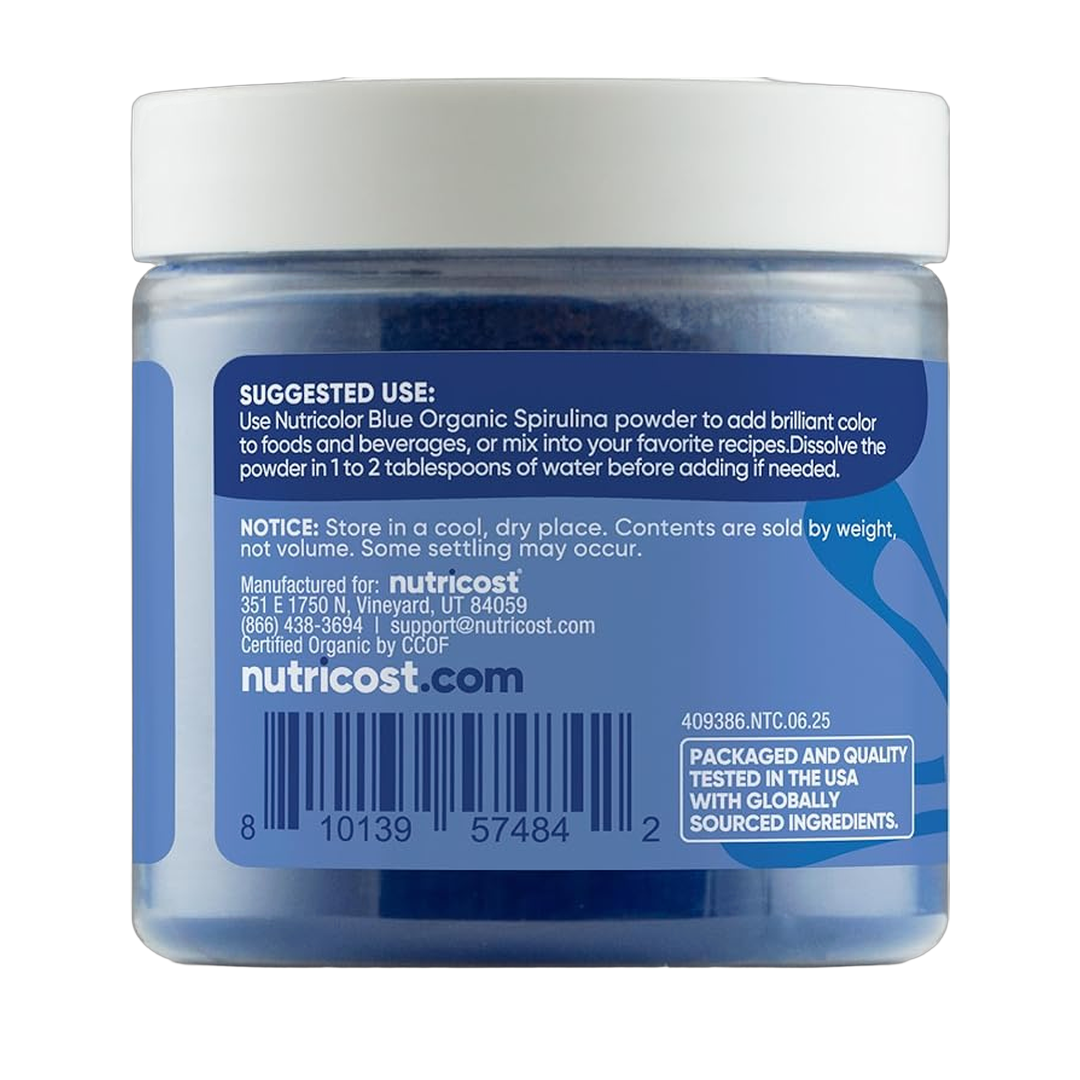 Nutricost, Organic Blue Spirulina, Plant Based Color, 1.1 oz back packaging view