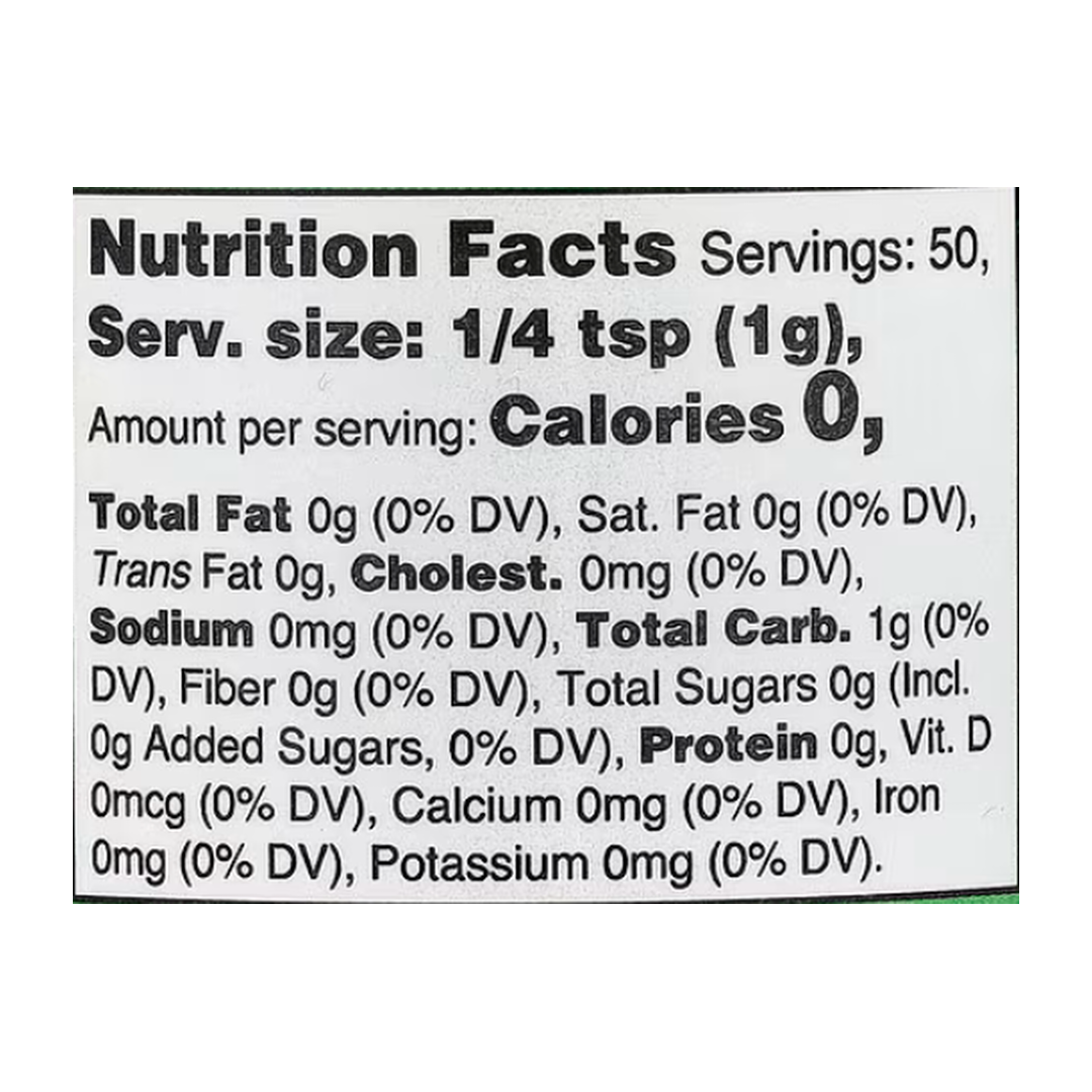 Nutricost, Nutricolor, Green Pandan Leaf, 1.8 oz, 50 g supplement facts label showing ingredients, vitamins, minerals, and serving information