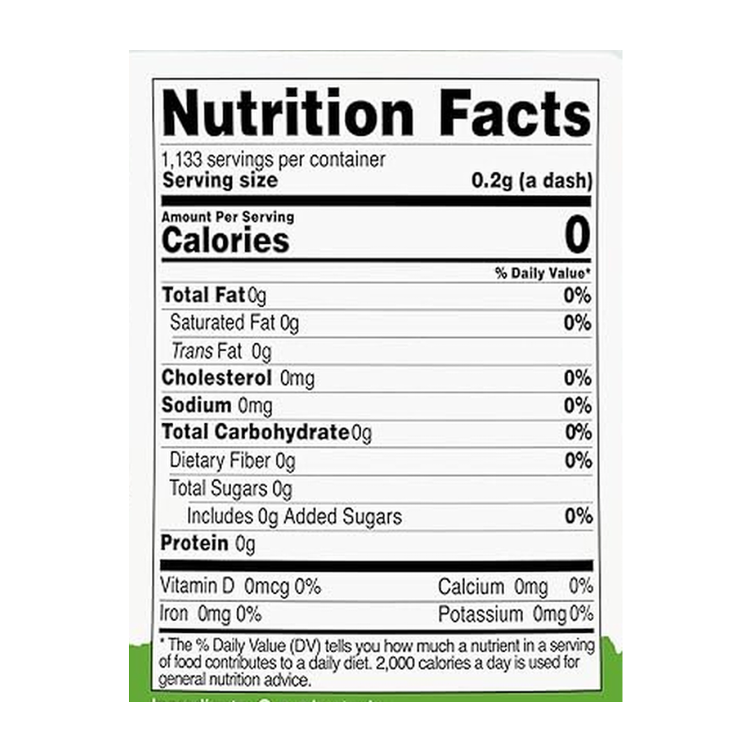 Nutricost, Pantry, Organic Stevia, Natural Sweetener, 8 oz supplement facts label showing ingredients, vitamins, minerals, and serving information