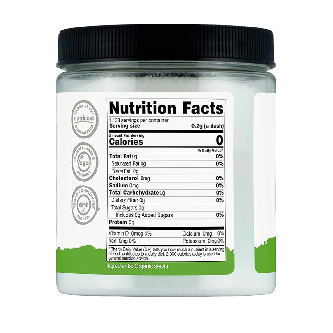 Nutricost, Pantry, Organic Stevia, Natural Sweetener, 8 oz back packaging view