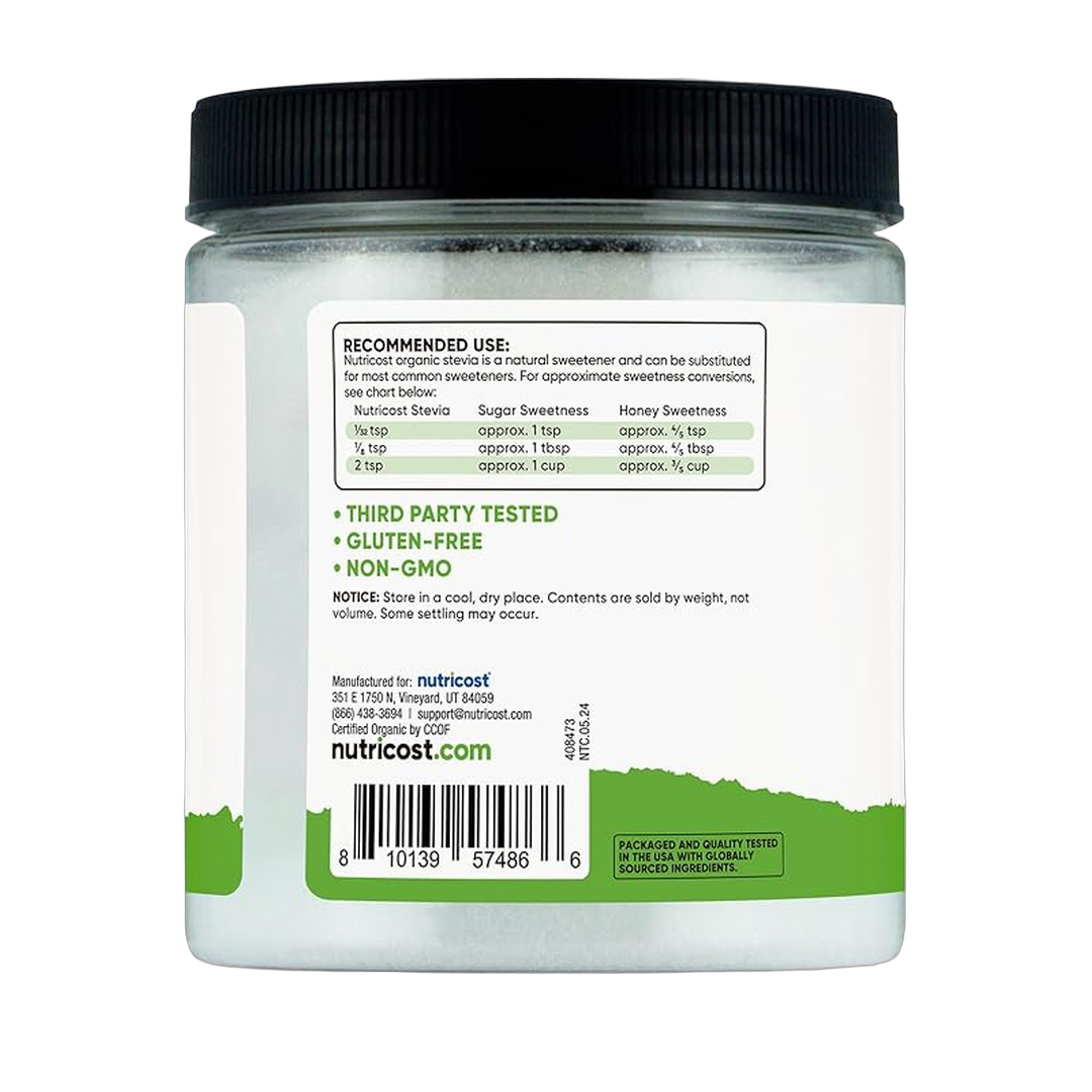 Nutricost, Pantry, Organic Stevia, Natural Sweetener, 8 oz packaging side view