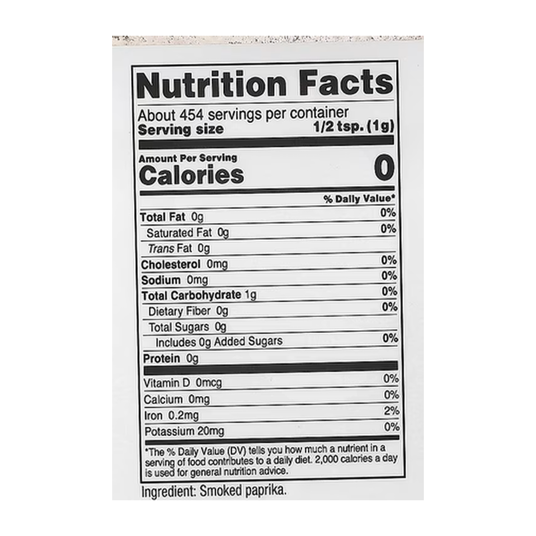 Nutricost, Pantry, Smoked Paprika, 16.2 oz, 454 g supplement facts label showing ingredients, vitamins, minerals, and serving information