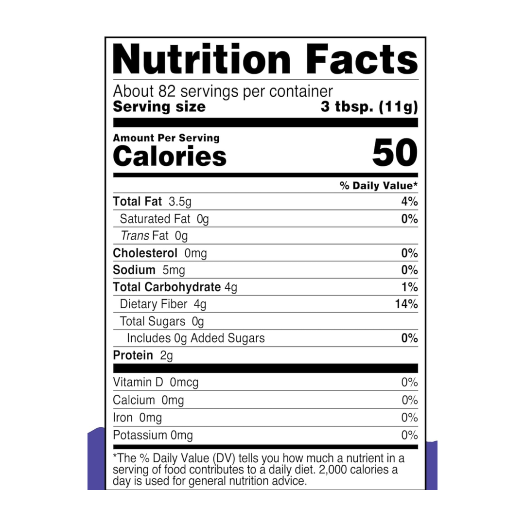 Nutricost Pantry Organic Chia Seed, 907 g supplement facts label showing ingredients, vitamins, minerals, and serving information