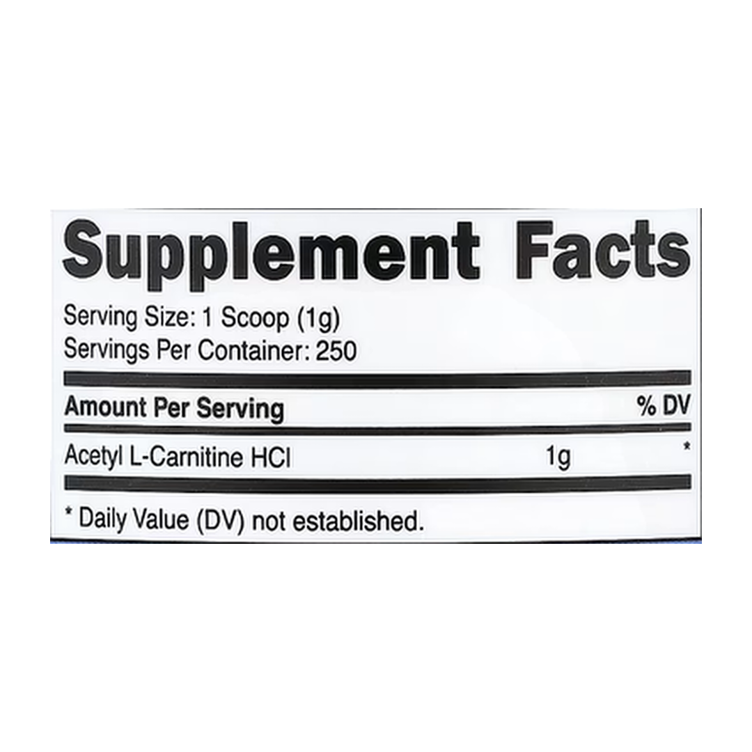 Nutricost, Acetyl L-Carnitine, Unflavored, 8.9 oz, 250 g supplement facts label showing ingredients, vitamins, minerals, and serving information
