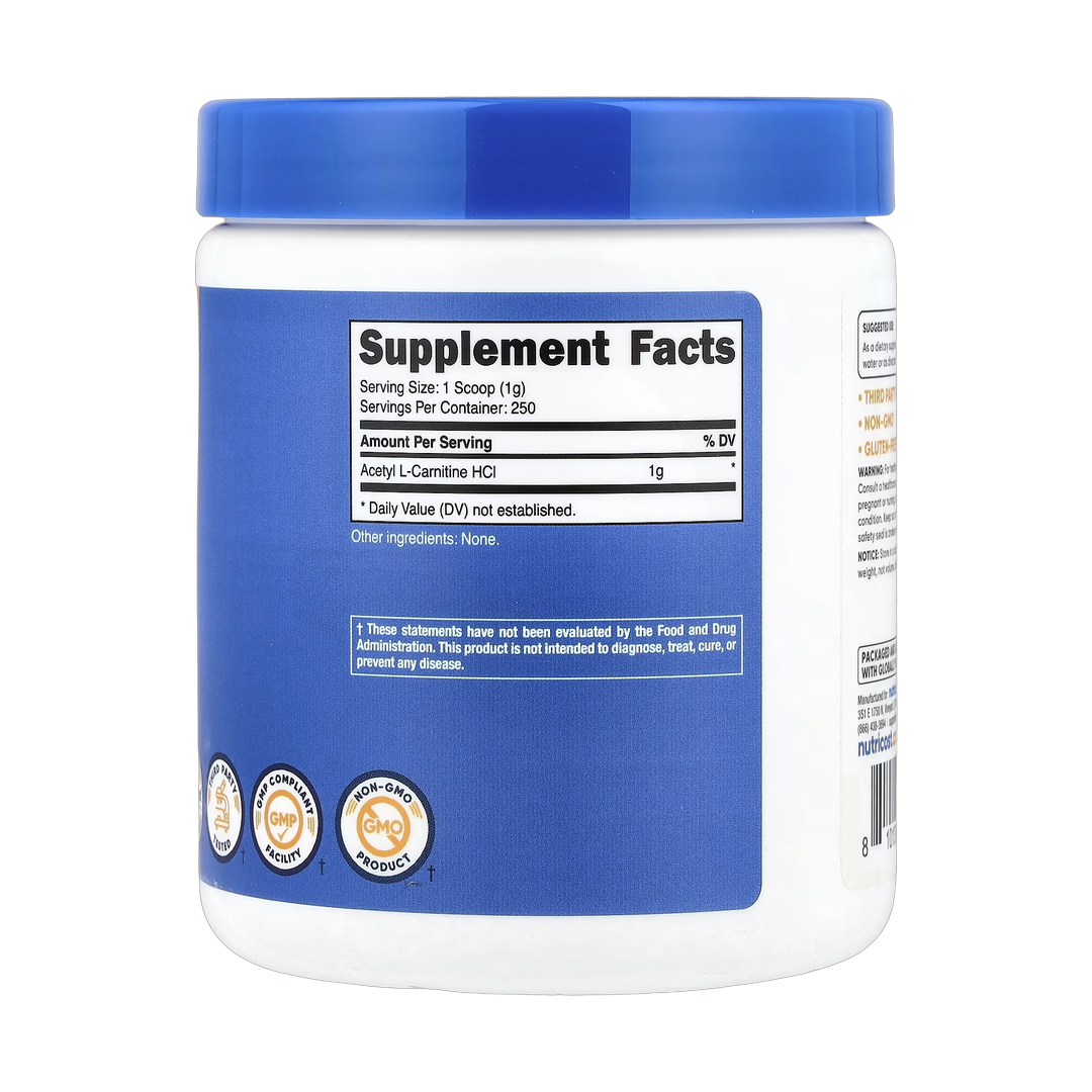 Nutricost, Acetyl L-Carnitine, Unflavored, 8.9 oz, 250 g back packaging view