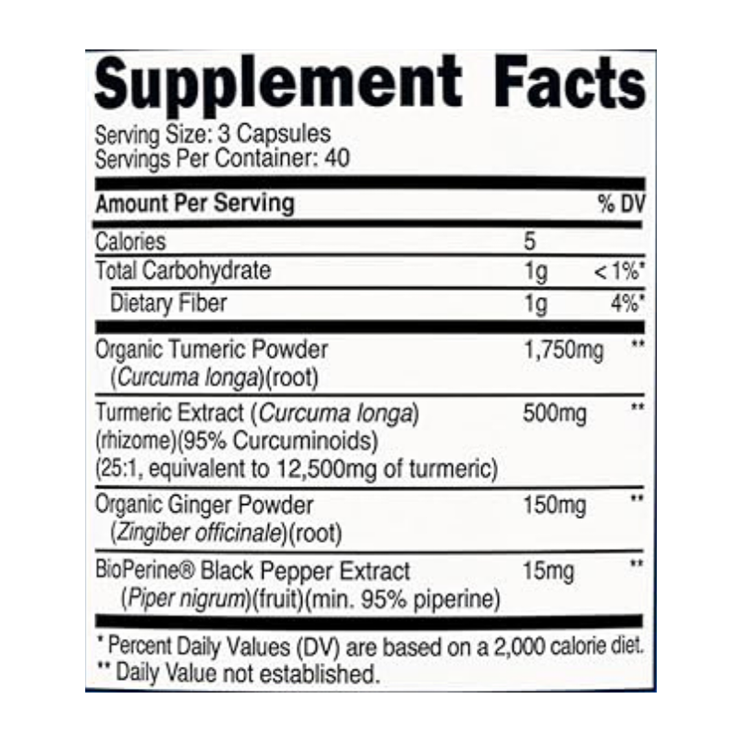 Nutricost, Turmeric + Ginger, 120 Capsules supplement facts label showing ingredients, vitamins, minerals, and serving information
