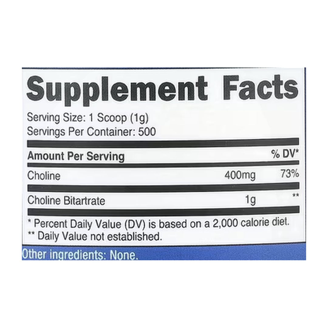 Nutricost, Choline Bitartrate, Unflavored, 17.9 oz, 500 g supplement facts label showing ingredients, vitamins, minerals, and serving information