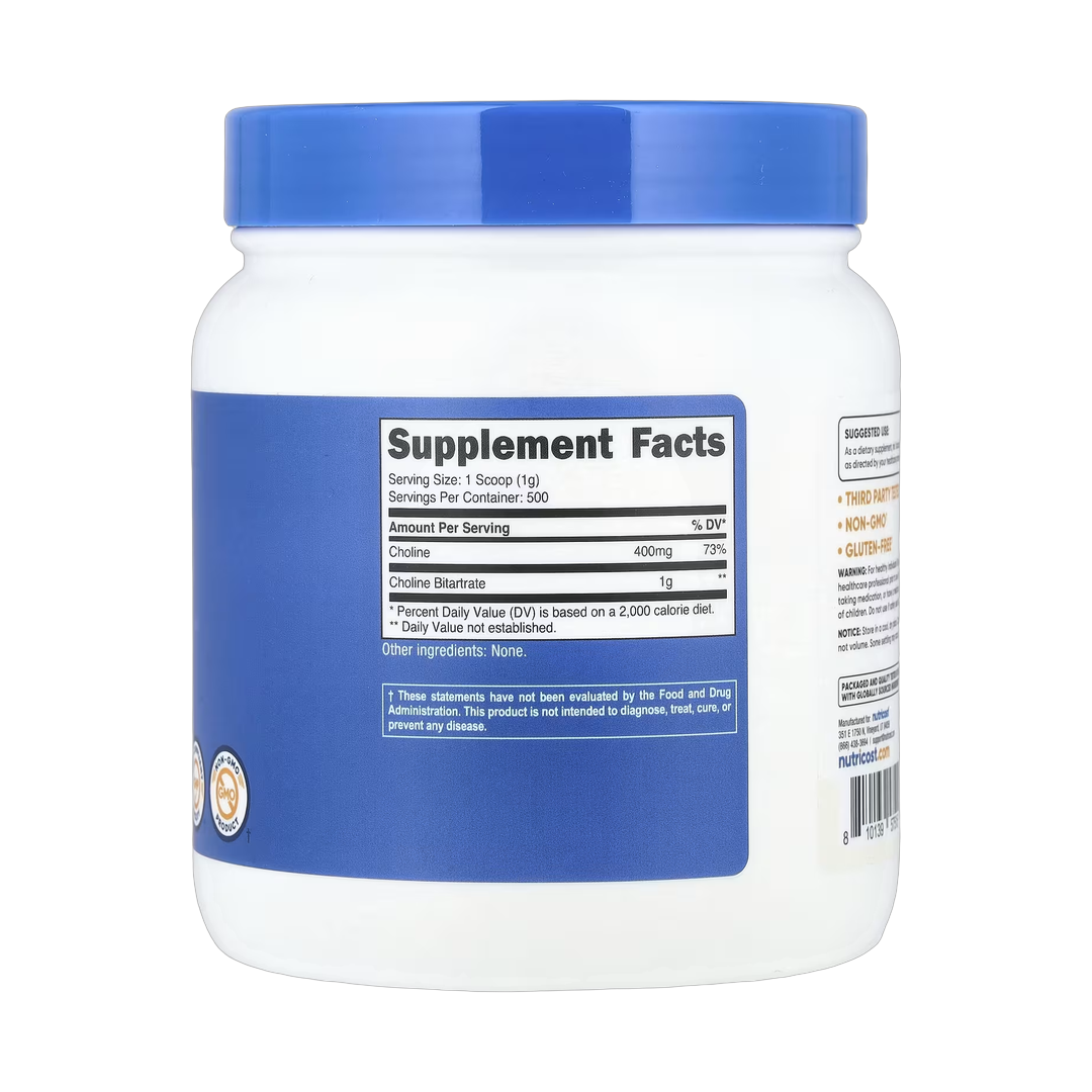 Nutricost, Choline Bitartrate, Unflavored, 17.9 oz, 500 g back packaging view