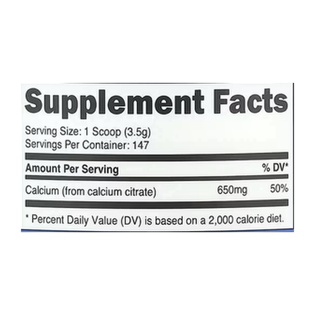 Nutricost, Calcium Citrate, Unflavored, 17.9 oz, 500 g supplement facts label showing ingredients, vitamins, minerals, and serving information