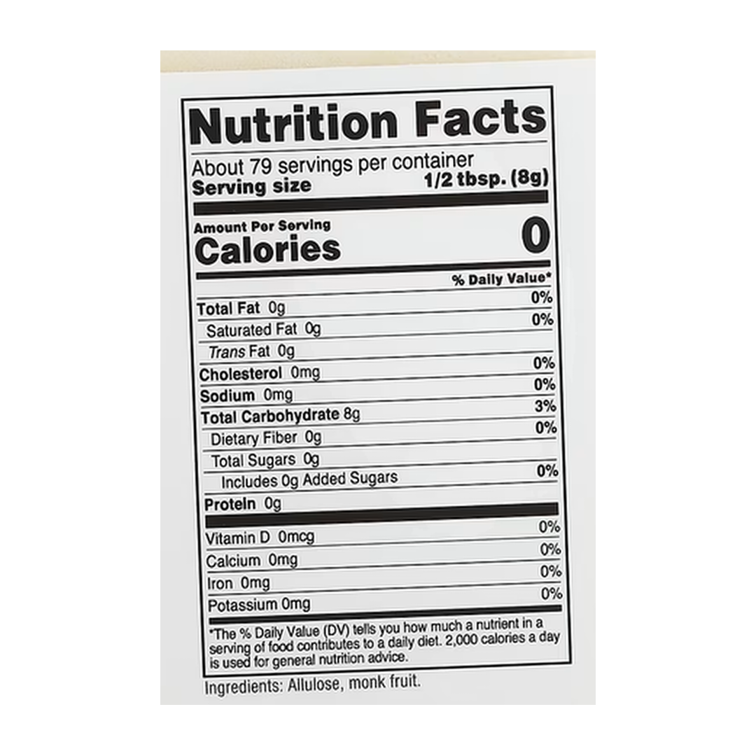 Nutricost, Pantry, Monk Fruit With Allulose, 22.7 oz, 635 g supplement facts label showing ingredients, vitamins, minerals, and serving information