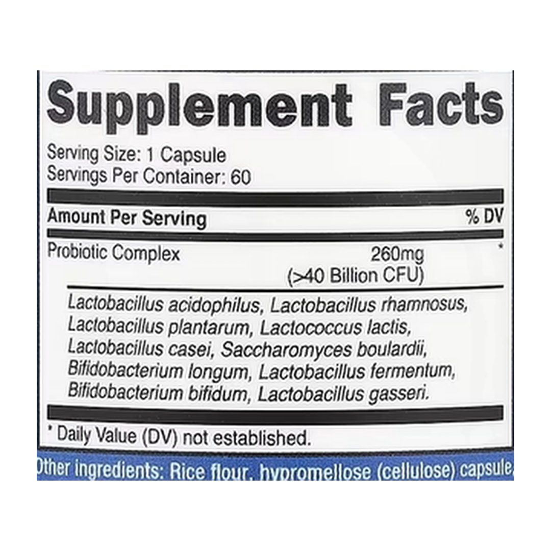 Nutricost, Probiotic Complex, >40 Billion CFU, 60 Capsules supplement facts label showing ingredients, vitamins, minerals, and serving information