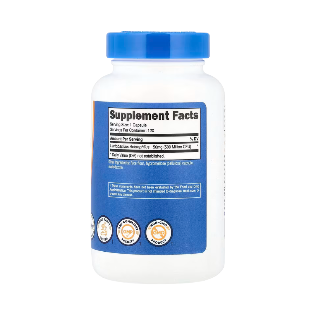 Nutricost, Lactobacillus Acidophilus, 50 mg (500 Million CFU), 120 Capsules back packaging view