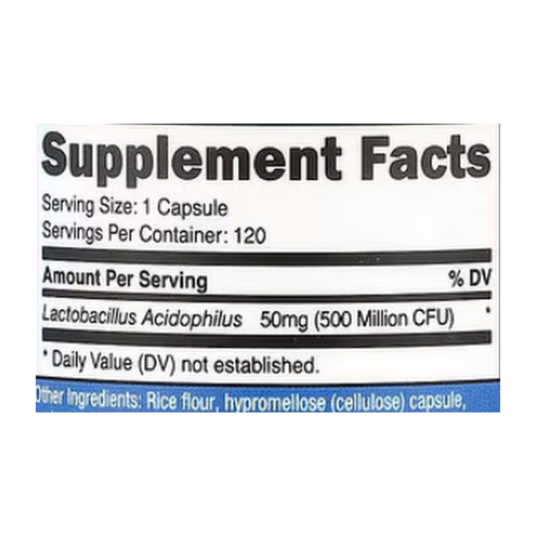 Nutricost, Lactobacillus Acidophilus, 50 mg (500 Million CFU), 120 Capsules supplement facts label showing ingredients, vitamins, minerals, and serving information